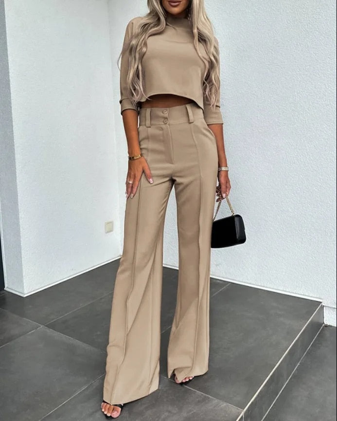 Tara - Women's Elegant High Neck Casual midi Top and Pants Set