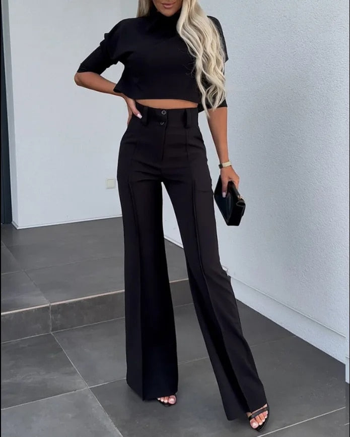 Tara - Women's Elegant High Neck Casual midi Top and Pants Set