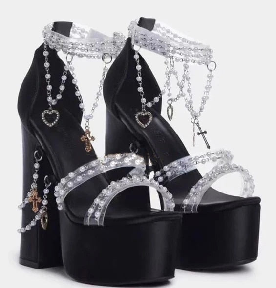 Fairytales - Pearl Beaded Platform Chunky Sandals