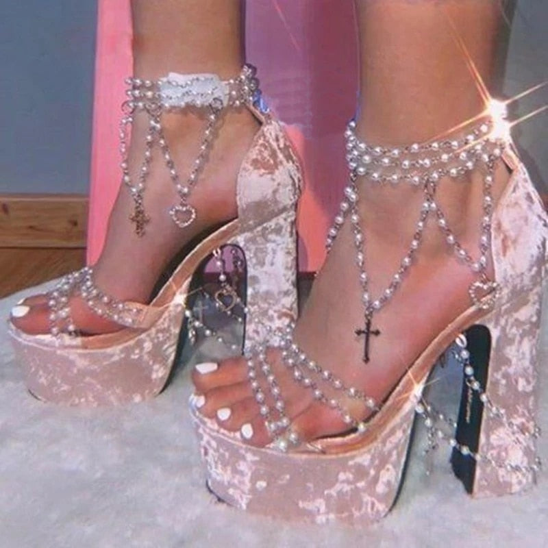 Fairytales - Pearl Beaded Platform Chunky Sandals