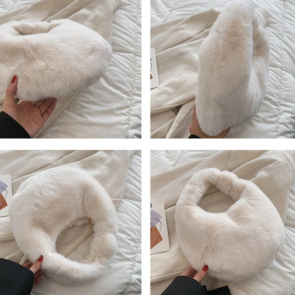 Crescent - Fur Women's Small Half Moon Bag Luxury Warm Plush Wrist Bags for Women Fashion Furry Short Handle Clutch Cute Ladies Coin Purses