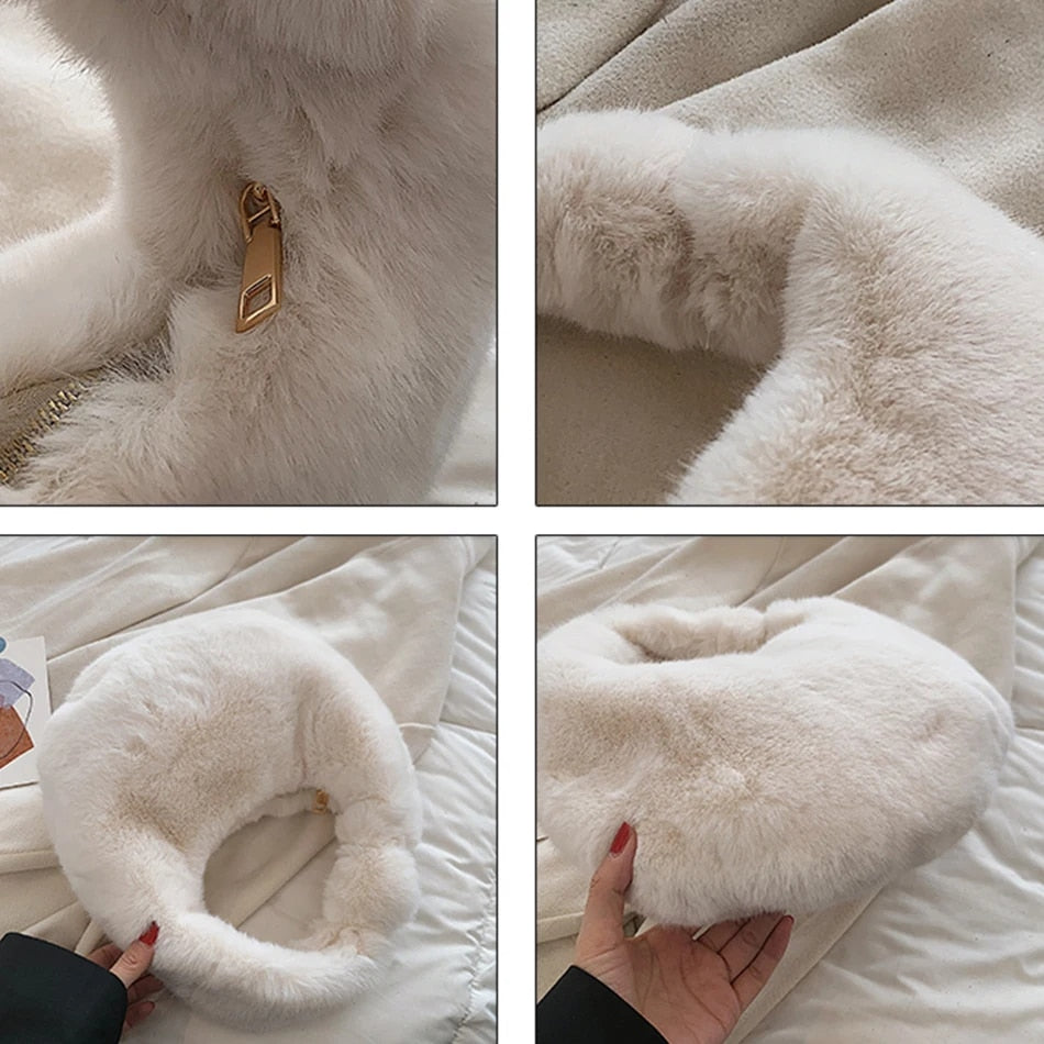 Crescent - Fur Women's Small Half Moon Bag Luxury Warm Plush Wrist Bags for Women Fashion Furry Short Handle Clutch Cute Ladies Coin Purses