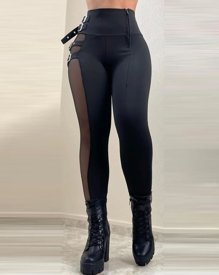 Natalie - Side Mesh High-Waist Patch Buckled Pants