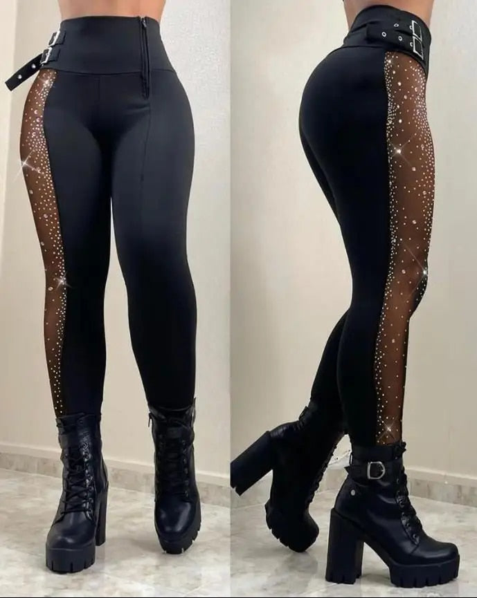 Natalie - Side Mesh High-Waist Patch Buckled Pants