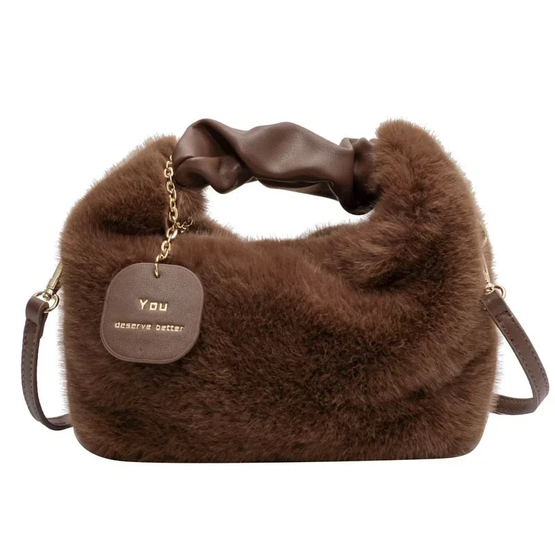 You - Women's Faux Fur Plush Crossbody Handbag with Ruched Handle
