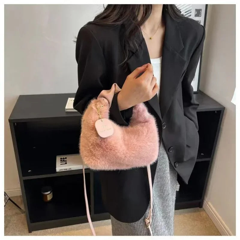 You - Women's Faux Fur Plush Crossbody Handbag with Ruched Handle