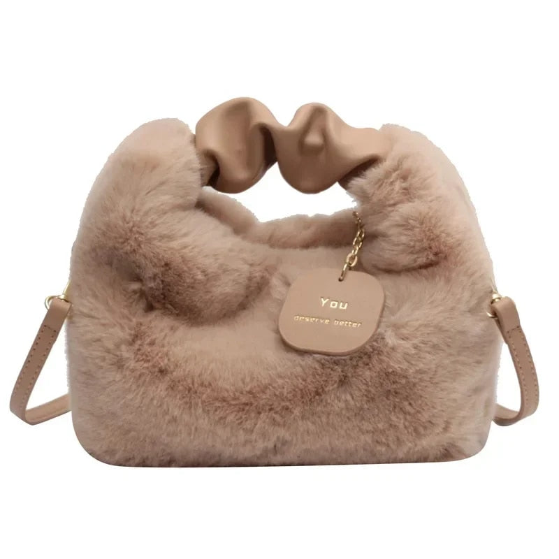 You - Women's Faux Fur Plush Crossbody Handbag with Ruched Handle