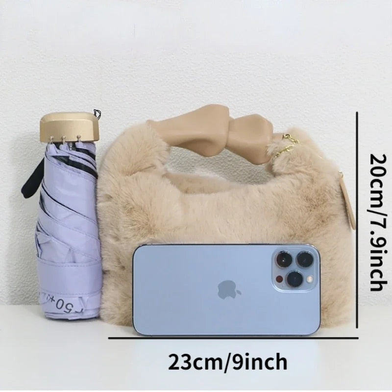 You - Women's Faux Fur Plush Crossbody Handbag with Ruched Handle