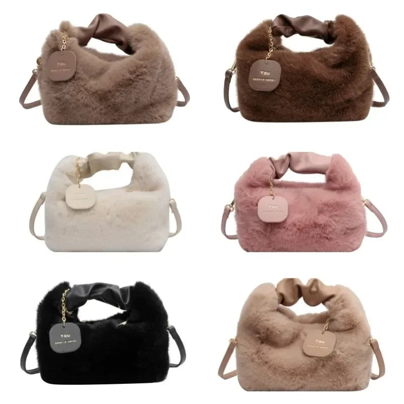 You - Women's Faux Fur Plush Crossbody Handbag with Ruched Handle