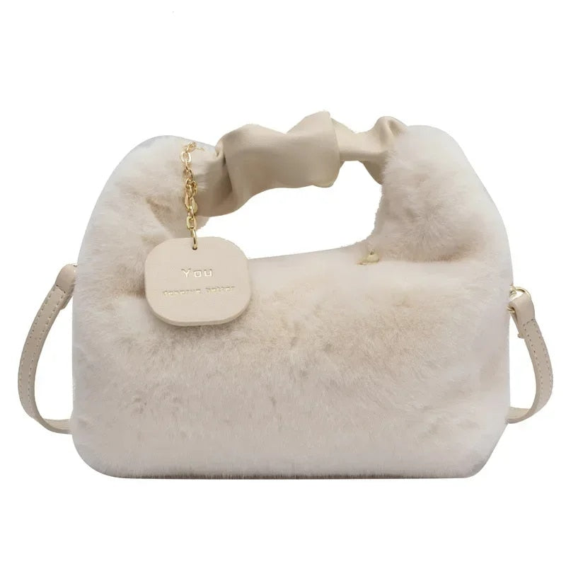 You - Women's Faux Fur Plush Crossbody Handbag with Ruched Handle
