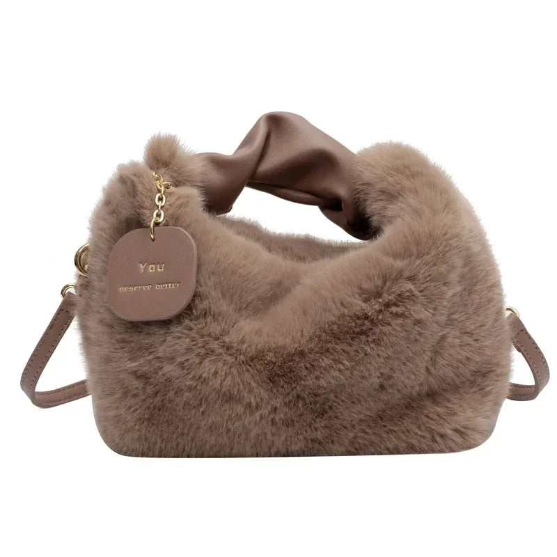 You - Women's Faux Fur Plush Crossbody Handbag with Ruched Handle
