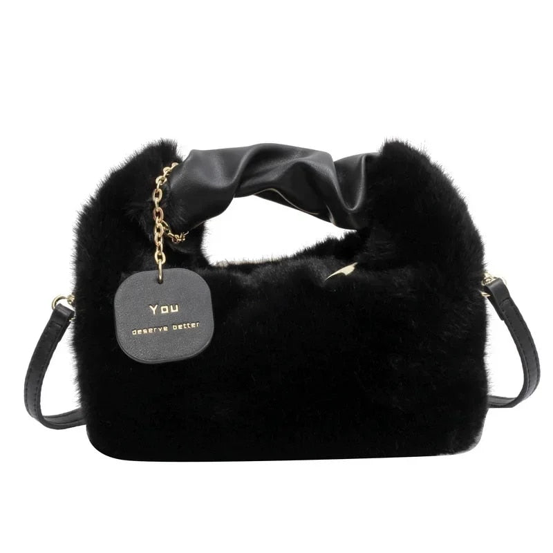 You - Women's Faux Fur Plush Crossbody Handbag with Ruched Handle
