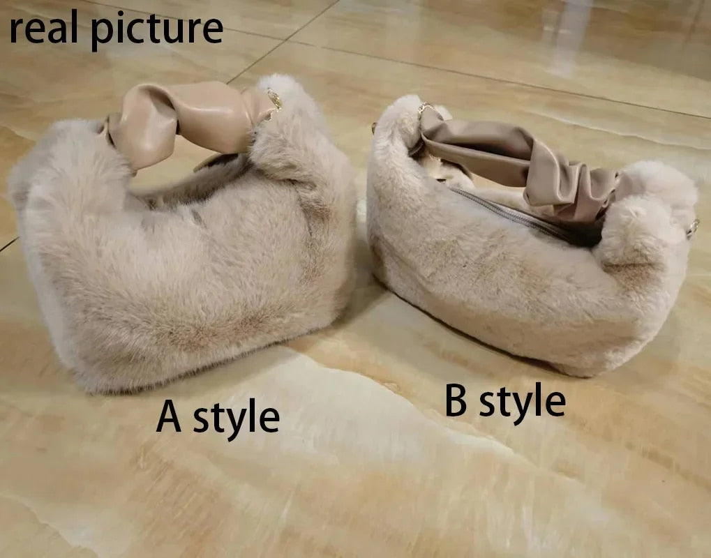 You - Women's Faux Fur Plush Crossbody Handbag with Ruched Handle