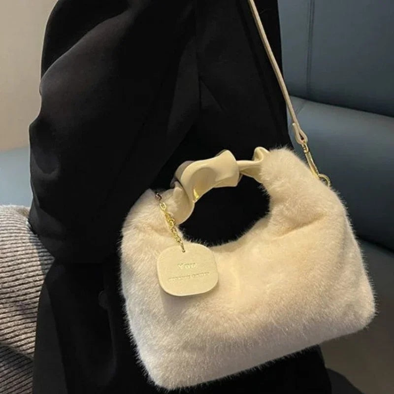 You - Women's Faux Fur Plush Crossbody Handbag with Ruched Handle