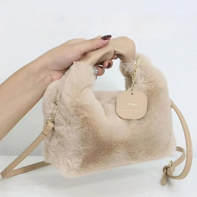 You - Women's Faux Fur Plush Crossbody Handbag with Ruched Handle