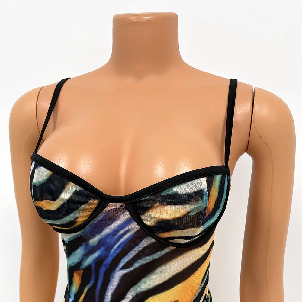 Catrina - Printed Colorful Sheer Mesh Bodysuit