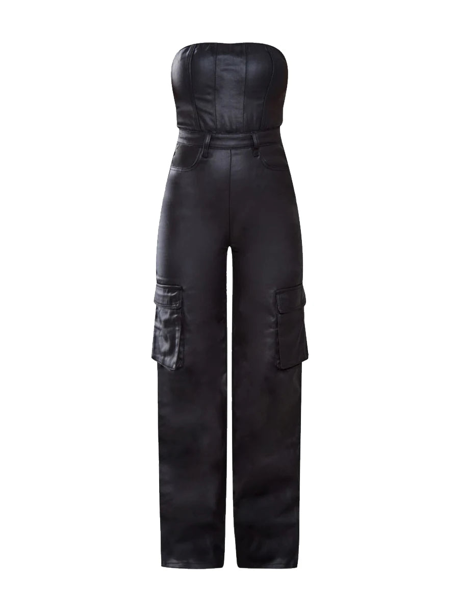 Cleo - Women's Solid PU Leather Jumpsuit