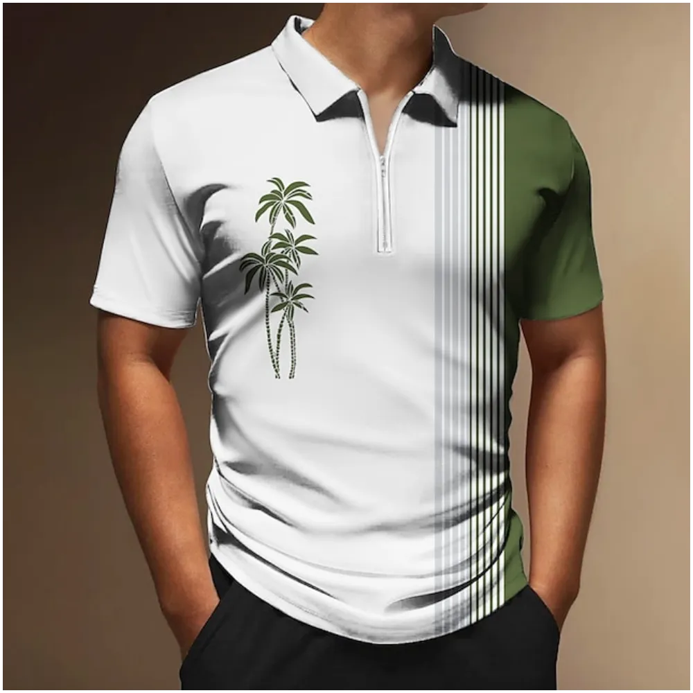 Coconut Tree Printed Zipper Polo Shirt