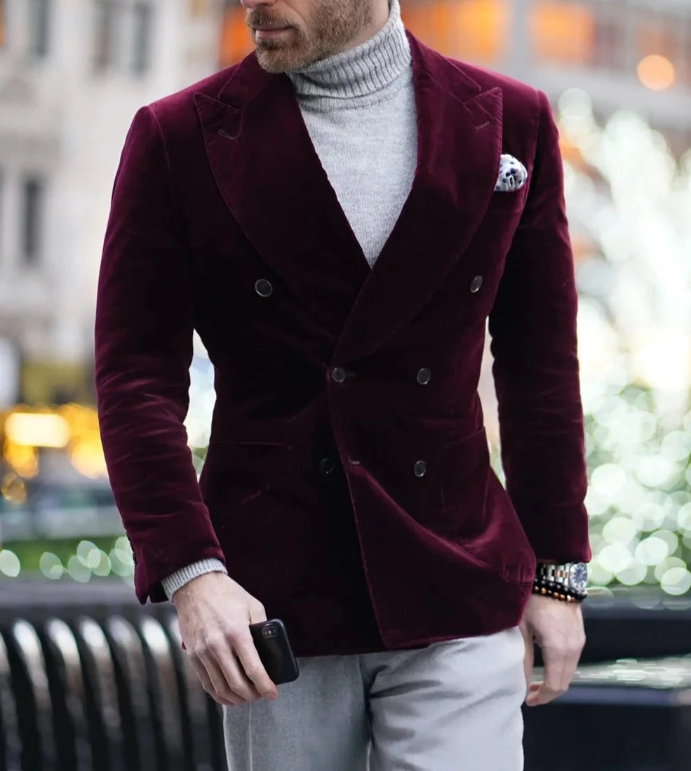 Burgundy Velvet Double-Breasted Suit Jacket