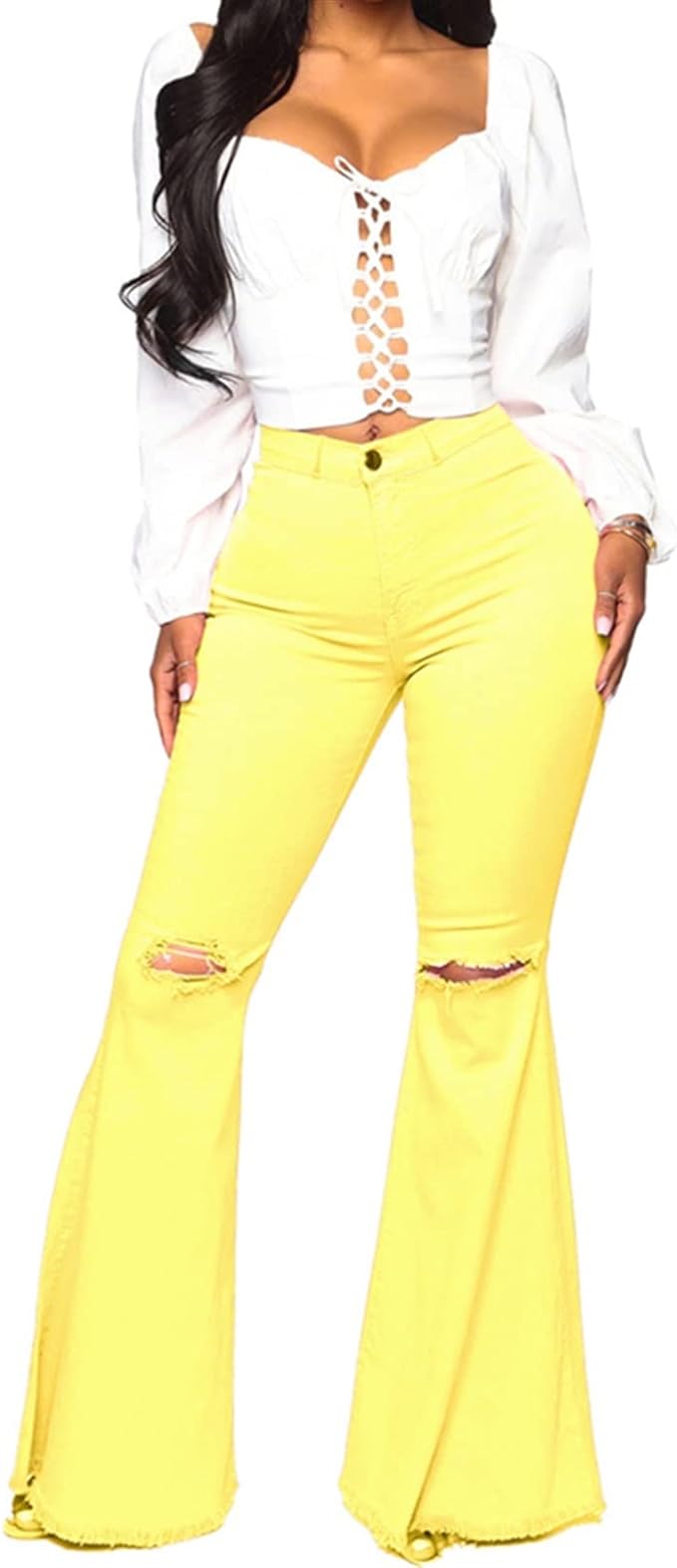 Woodstock - Women's Stretch Flared Ripped Yellow Jeans