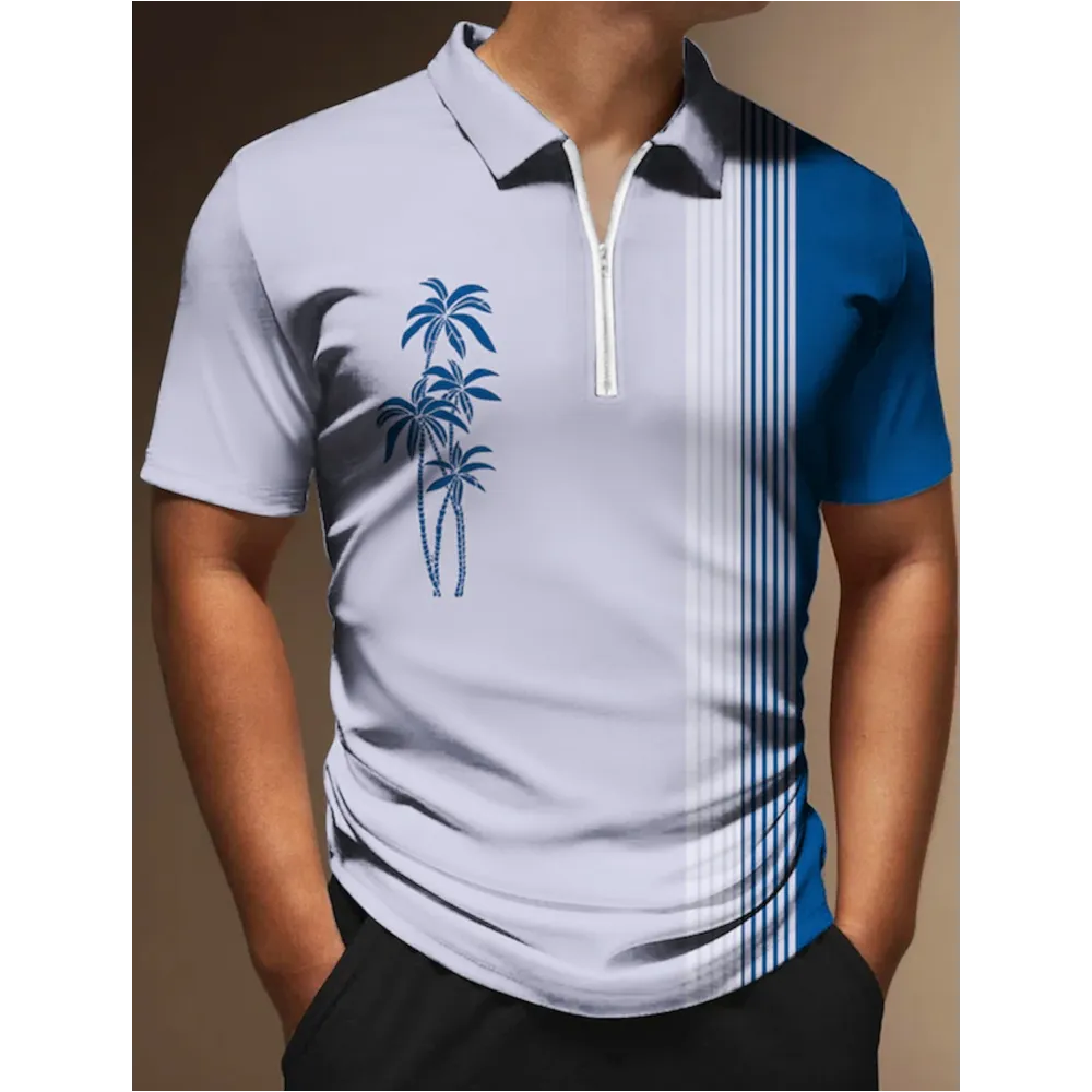 Coconut Tree Printed Zipper Polo Shirt