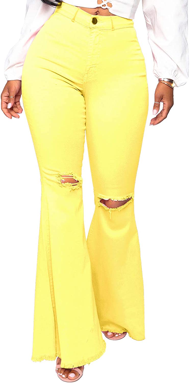 Woodstock - Women's Stretch Flared Ripped Yellow Jeans