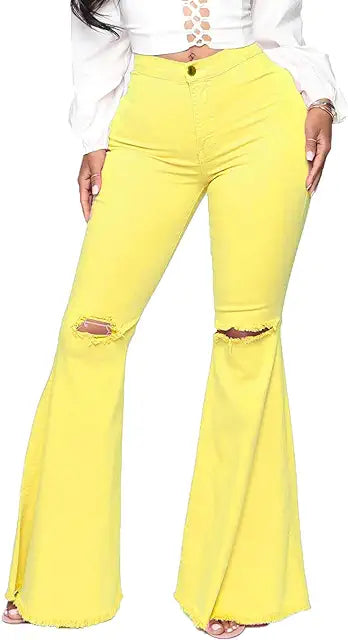 Woodstock - Women's Stretch Flared Ripped Yellow Jeans