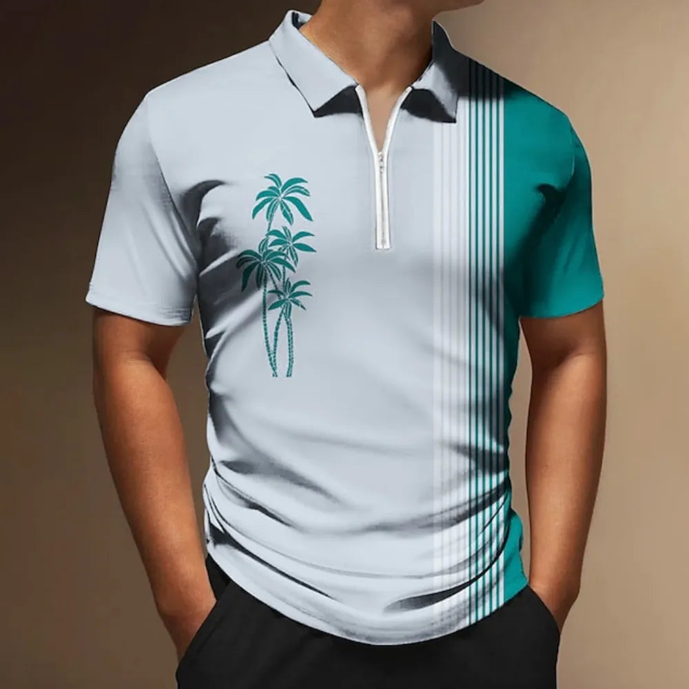 Coconut Tree Printed Zipper Polo Shirt