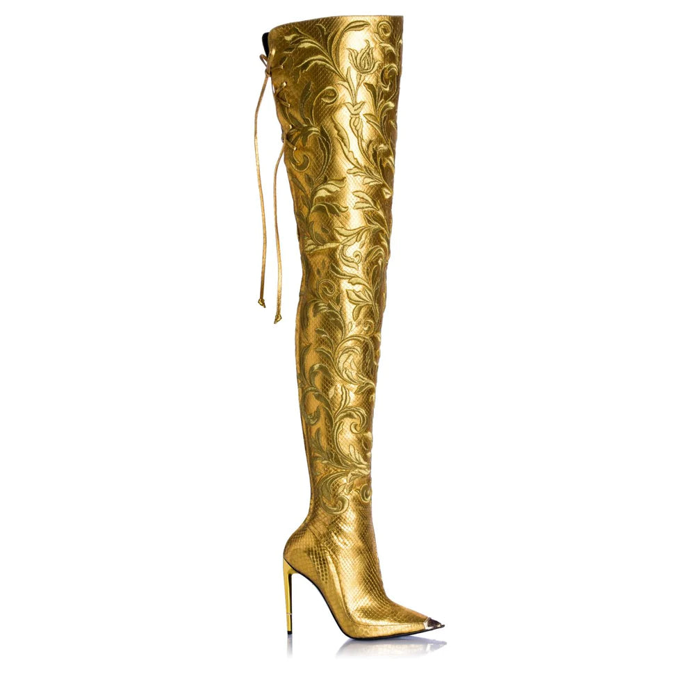 Golden Girl -  Designer Embroidered Over-The-Knee High-Heeled Boots