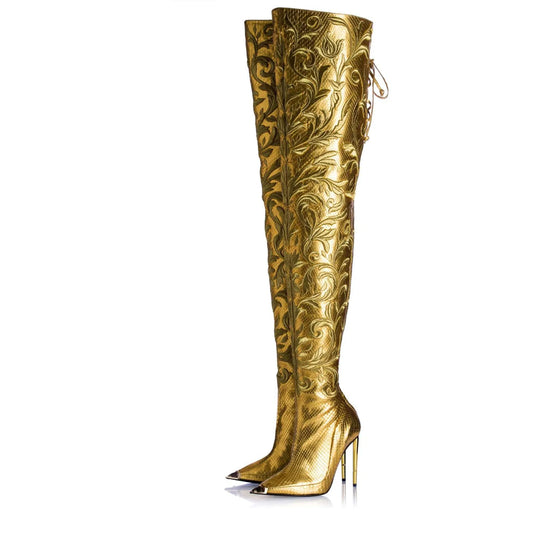 Golden Girl -  Designer Embroidered Over-The-Knee High-Heeled Boots