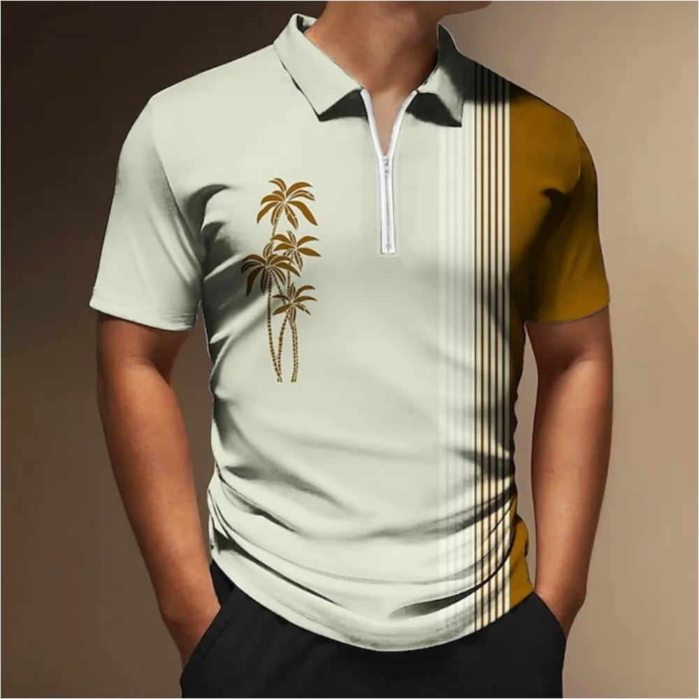 Coconut Tree Printed Zipper Polo Shirt