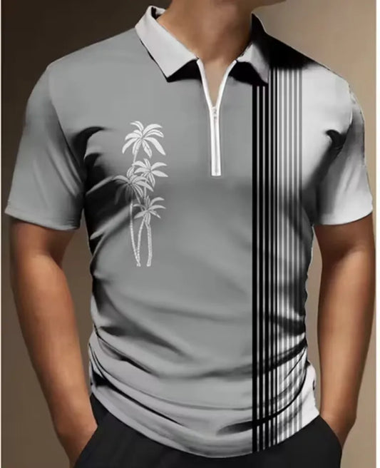 Coconut Tree Printed Zipper Polo Shirt