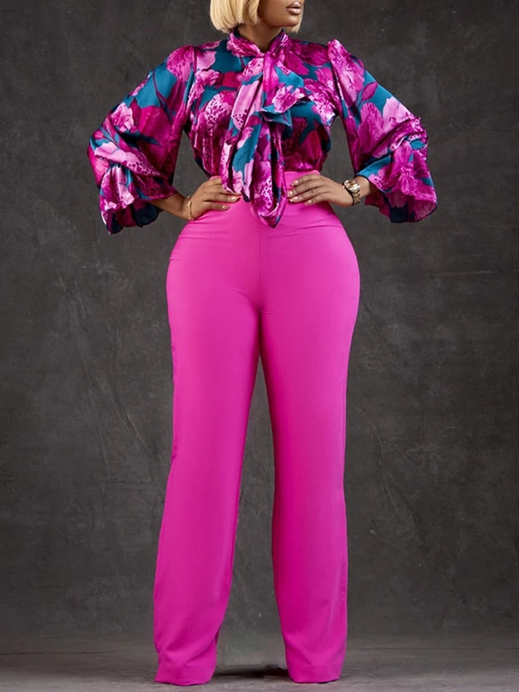 Fiona - Two-Piece Floral Print Blouse And Pants Set