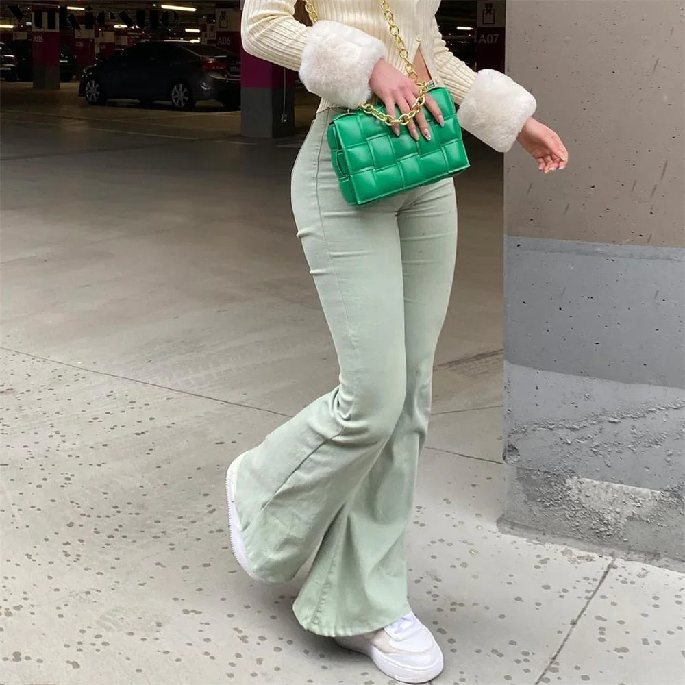 Pistachio - Flare Green Vintage Women High Waist Stretch Fashion Jeans