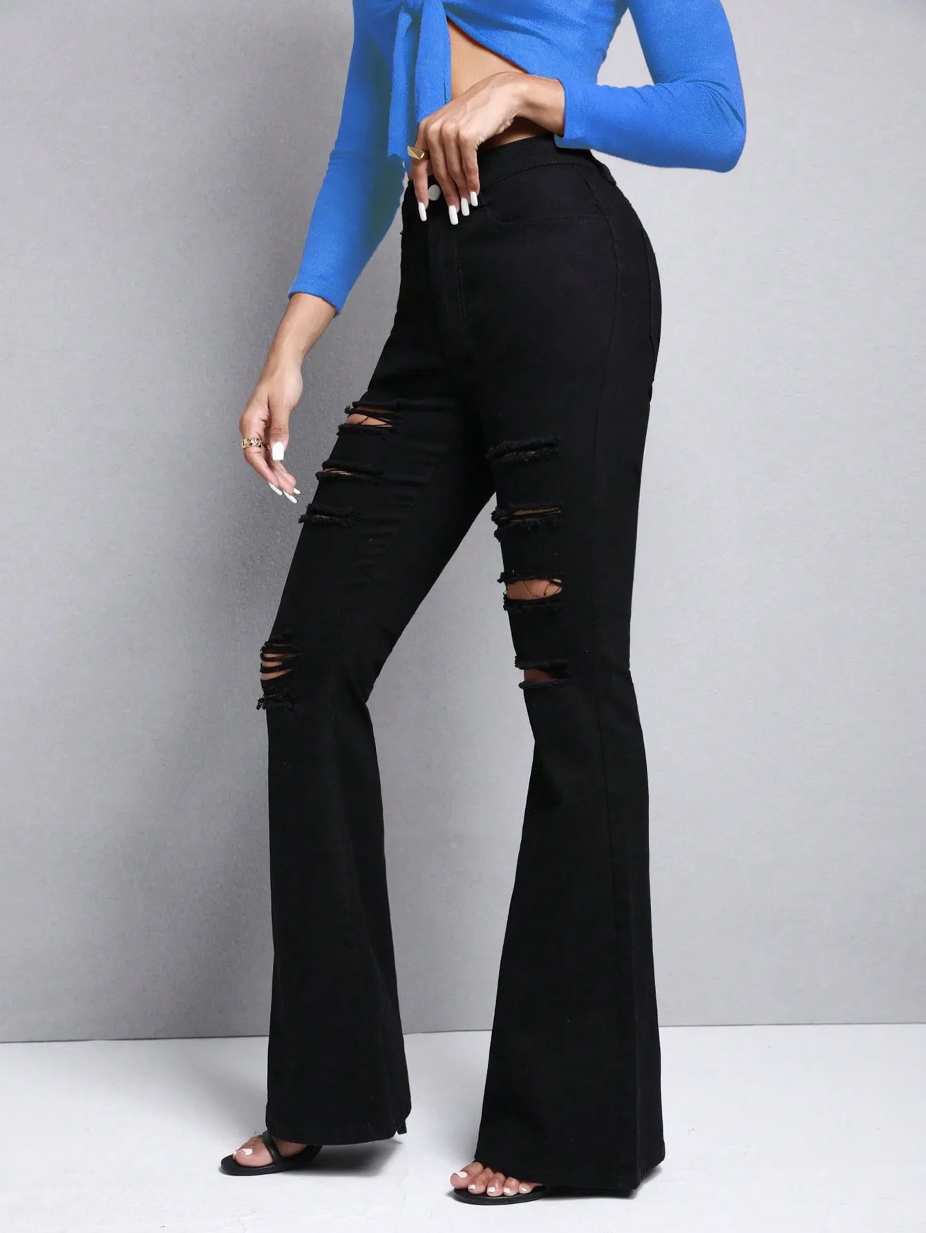 BellA - Women High Waist Stretchy Ripped Flare Pants