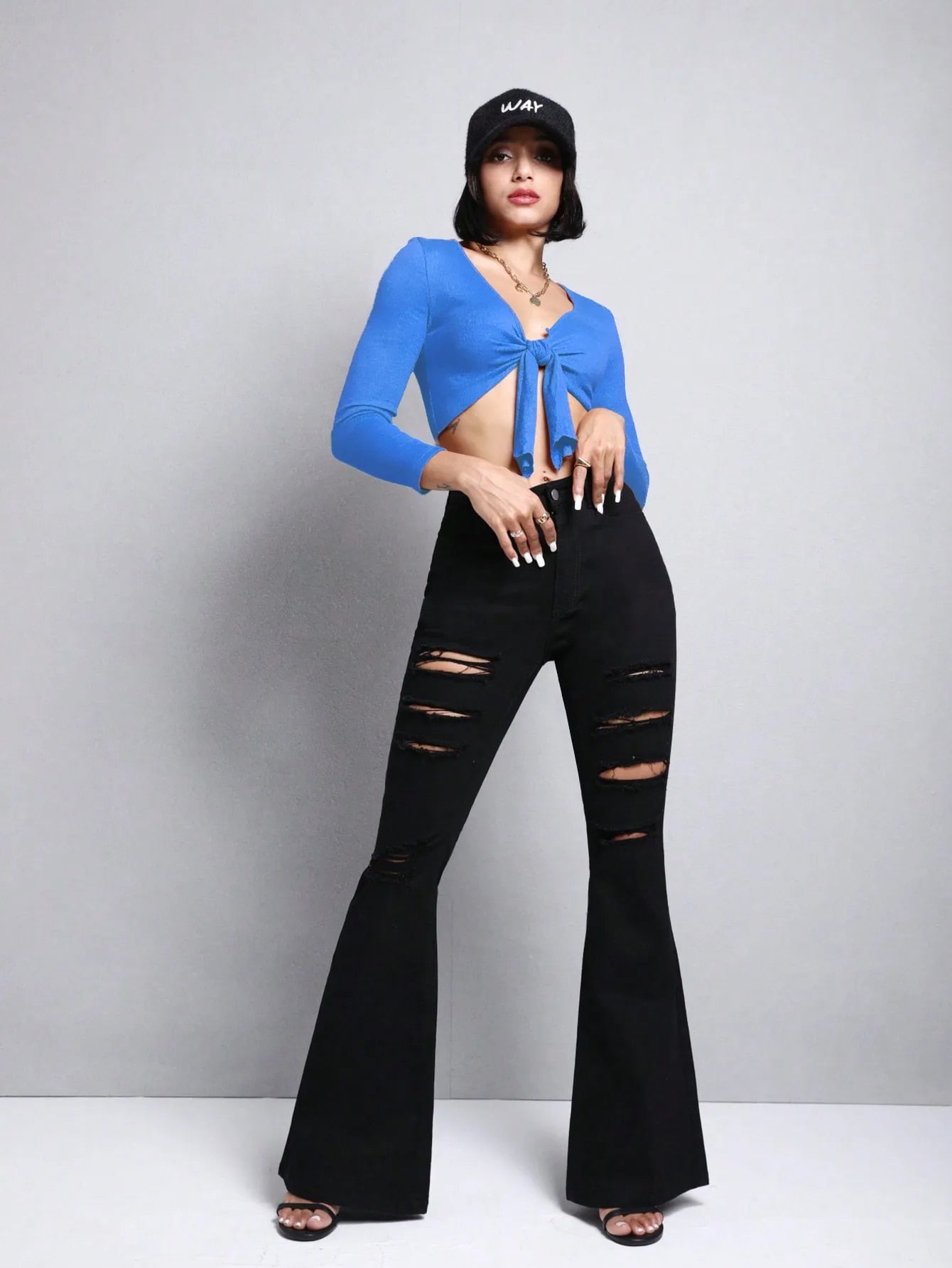 BellA - Women High Waist Stretchy Ripped Flare Pants