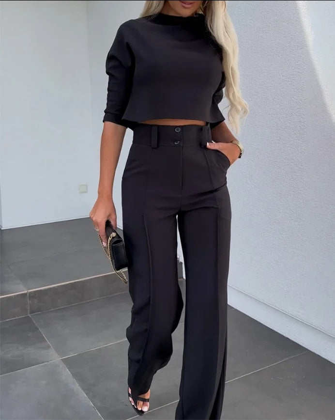 Tara - Women's Elegant High Neck Casual midi Top and Pants Set