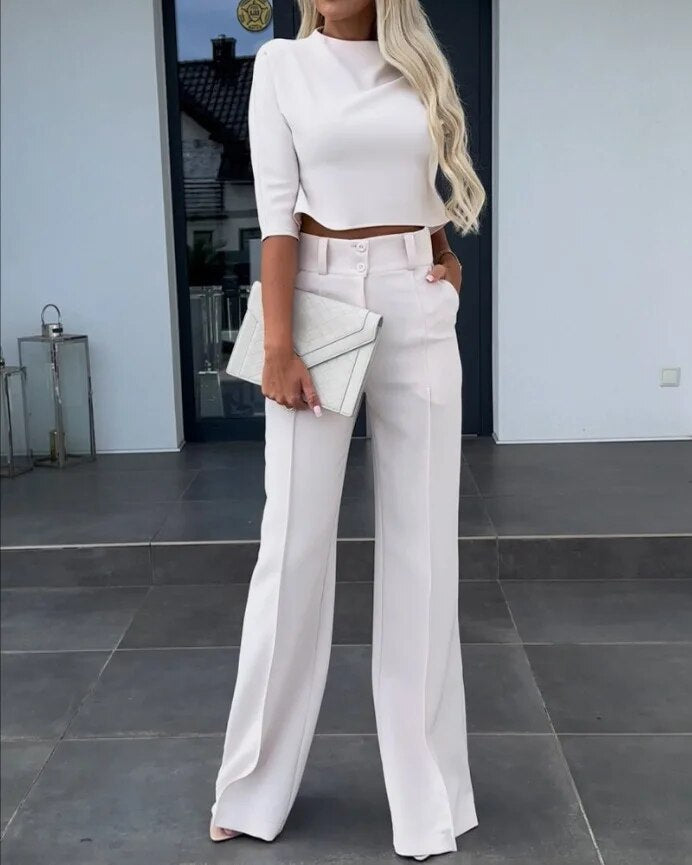 Tara - Women's Elegant High Neck Casual midi Top and Pants Set