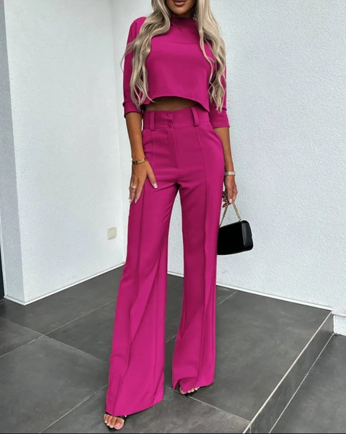 Tara - Women's Elegant High Neck Casual midi Top and Pants Set