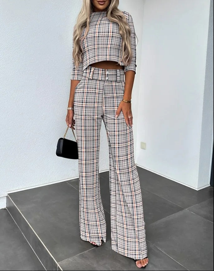Tara - Women's Elegant High Neck Casual midi Top and Pants Set