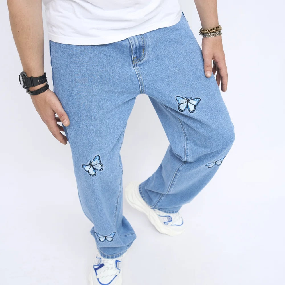 Men's Butterfly Embroidery Stylish Loose Straight-leg Jeans