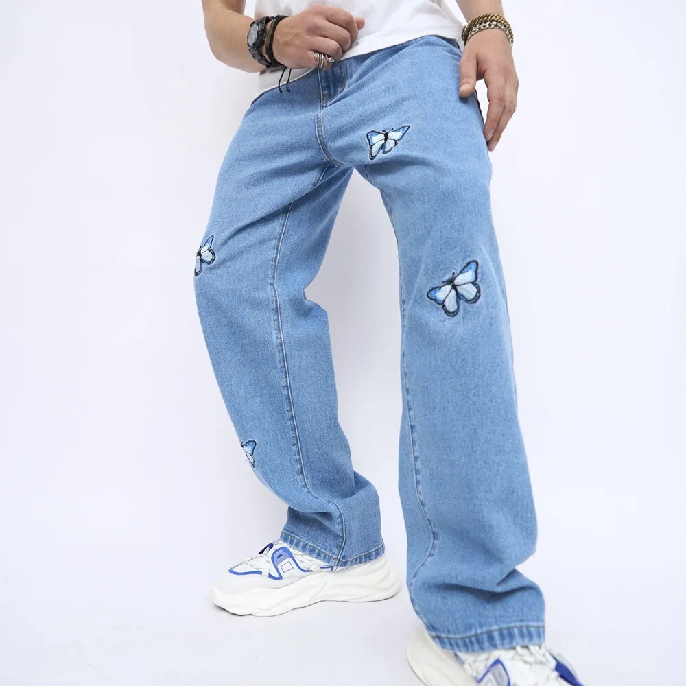 Men's Butterfly Embroidery Stylish Loose Straight-leg Jeans