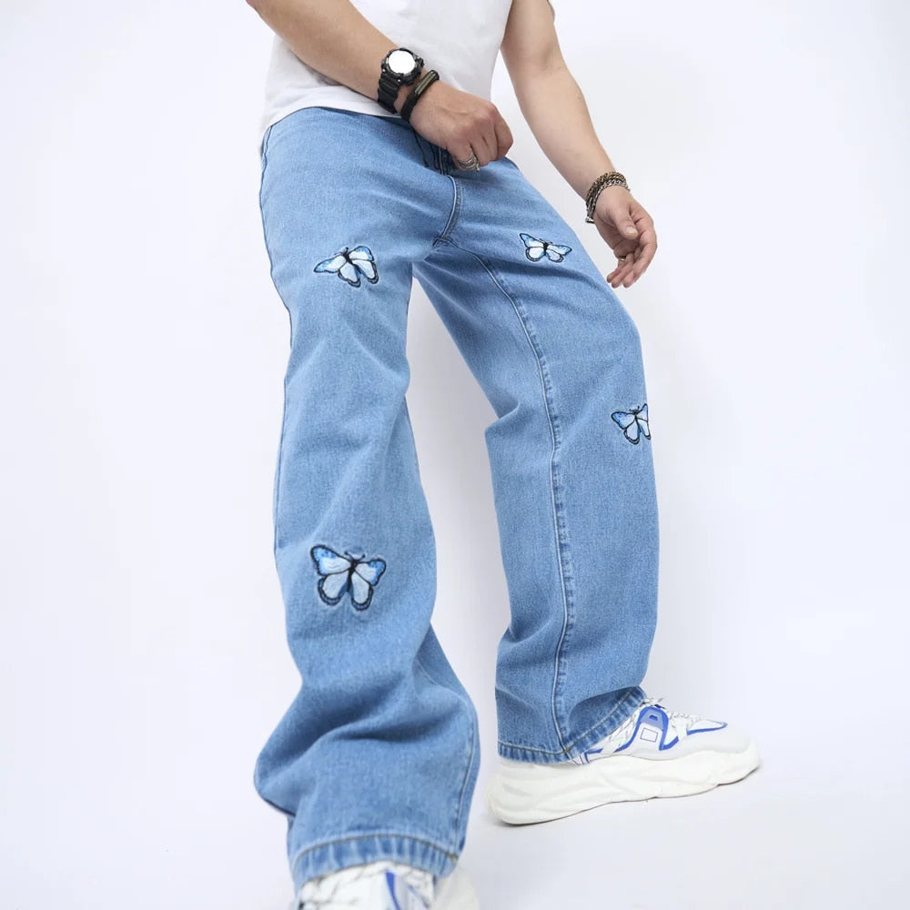 Men's Butterfly Embroidery Stylish Loose Straight-leg Jeans