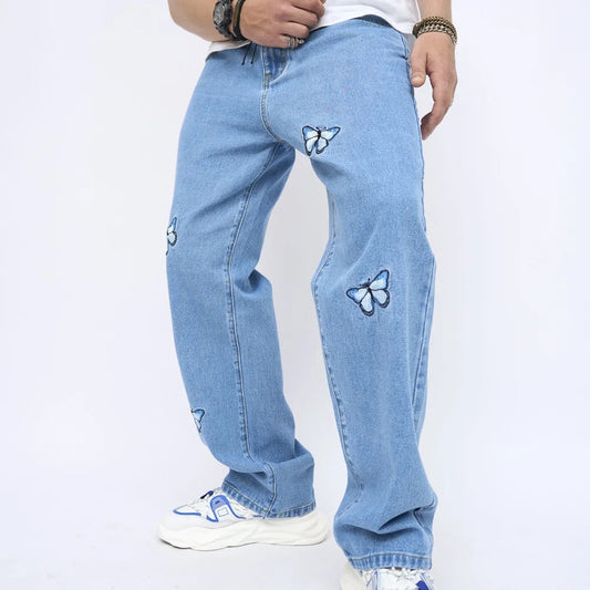 Men's Butterfly Embroidery Stylish Loose Straight-leg Jeans