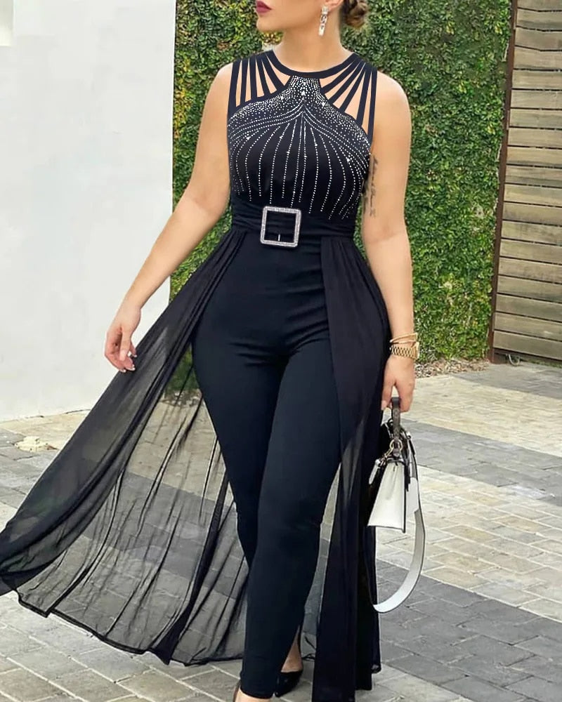 Go With The Flow - Women's Sexy Rhinestone Sheer Mesh Jumpsuit