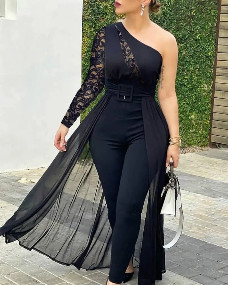 Go With The Flow - Women's Sexy Rhinestone Sheer Mesh Jumpsuit