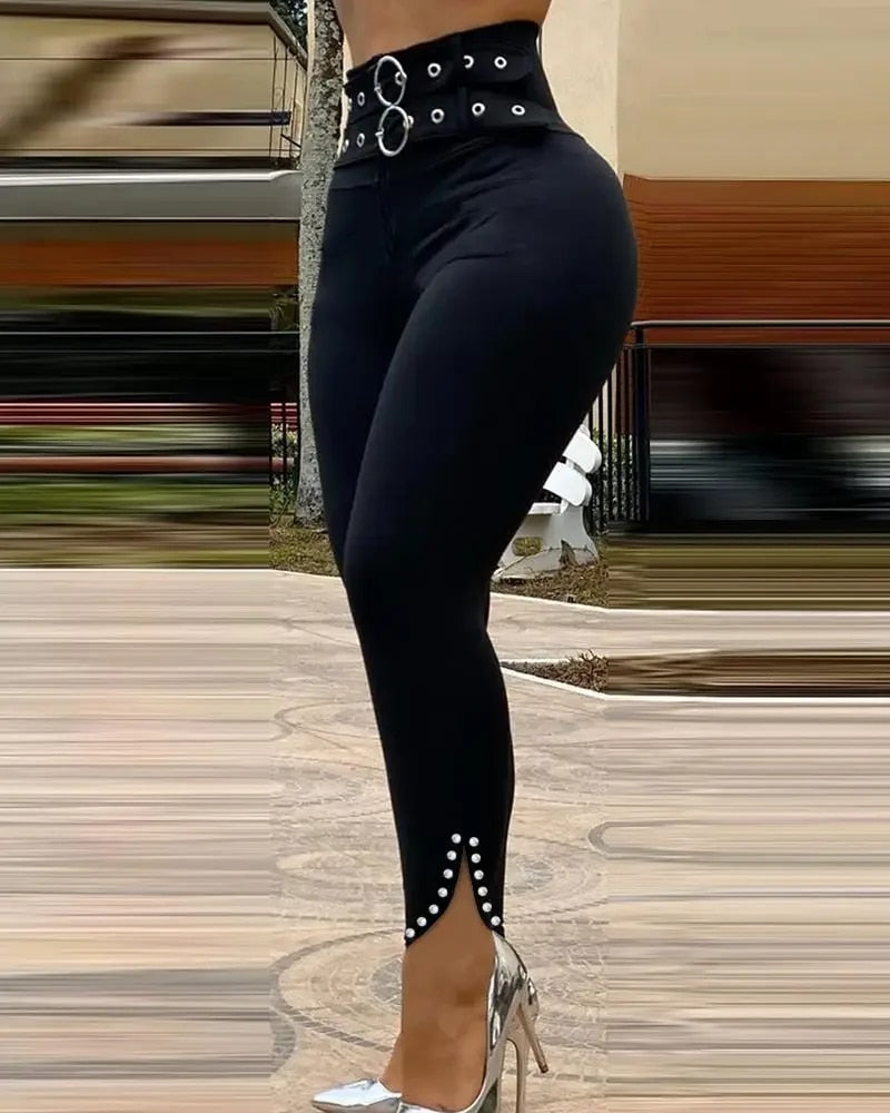 Tamia - Beaded Eyelet O-Ring Slit Skinny Pants