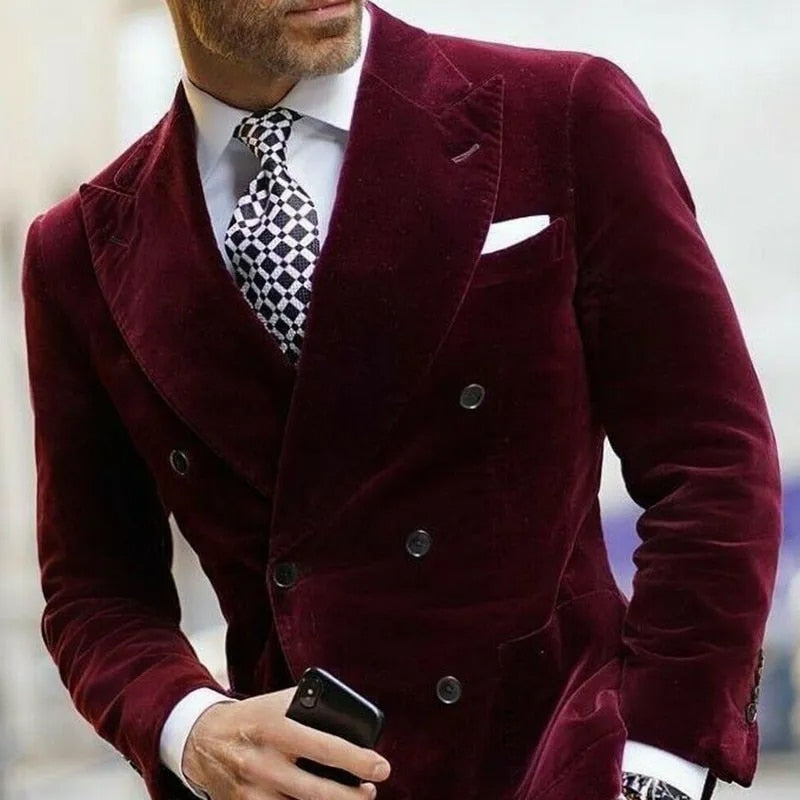 Burgundy Velvet Double-Breasted Suit Jacket