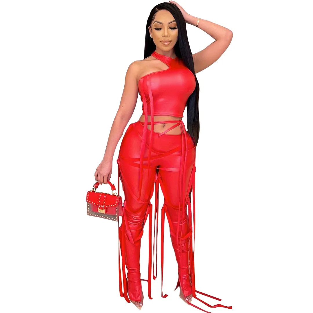 Tied Down - PU Leather Drawstring Lace Up Pants Suit