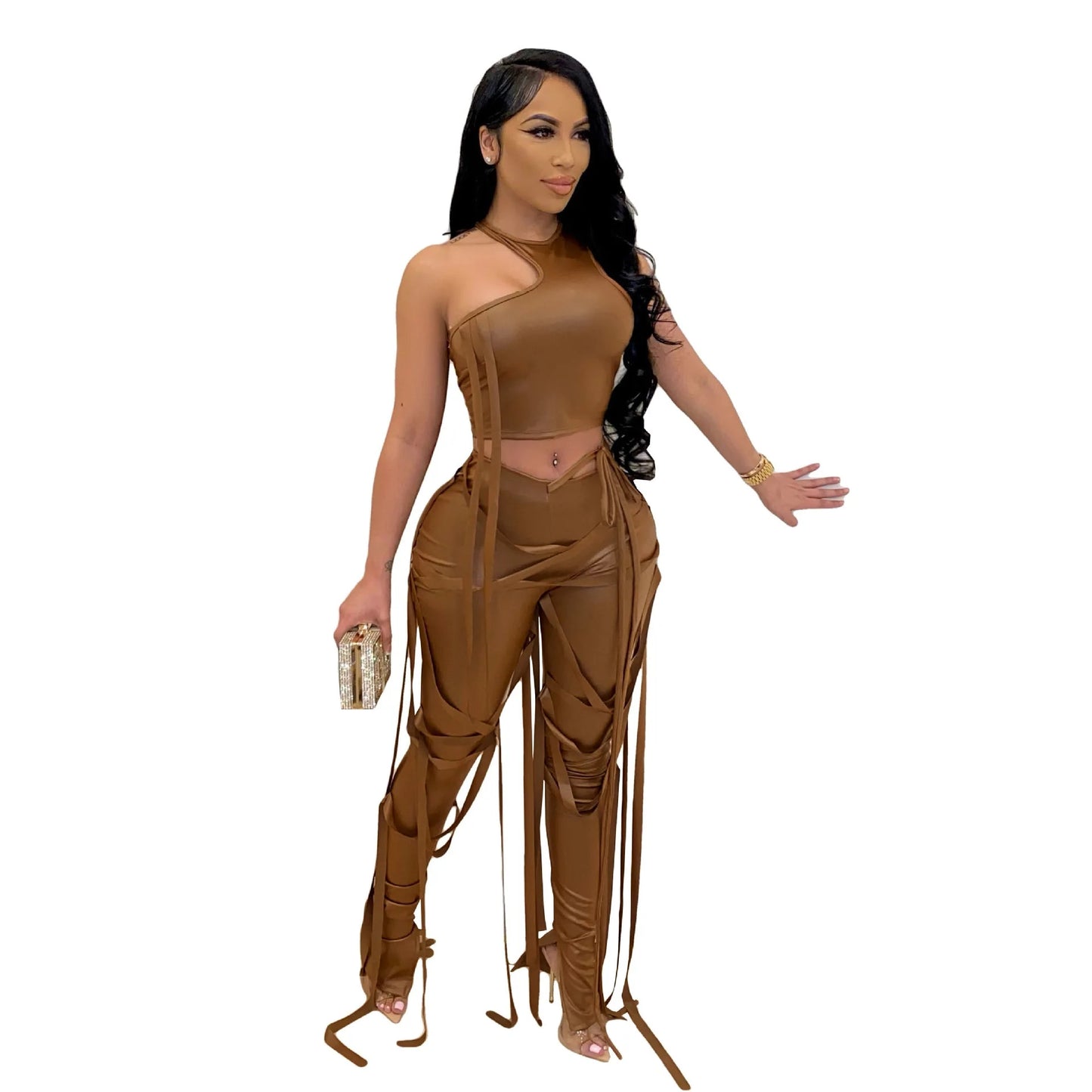 Tied Down - PU Leather Drawstring Lace Up Pants Suit